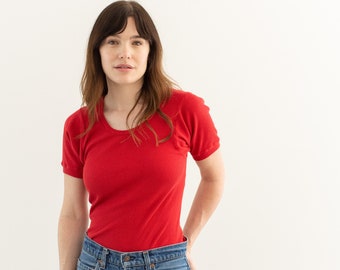 The Berlin Tee in Tomato Red | Vintage Ribbed Tee T Shirt | Rib Knit Tee | 100% Cotton | XS S