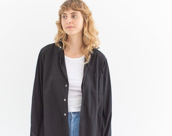 Vintage Overdye Black Long Sleeve Blouse | Clear Button | 60s Button Up Shirt | S M L |