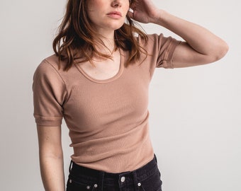 The Berlin Tee in Dusty Rose Pink | Vintage Ribbed Tee T Shirt | Rib Knit Tee | 100% Cotton | XS S