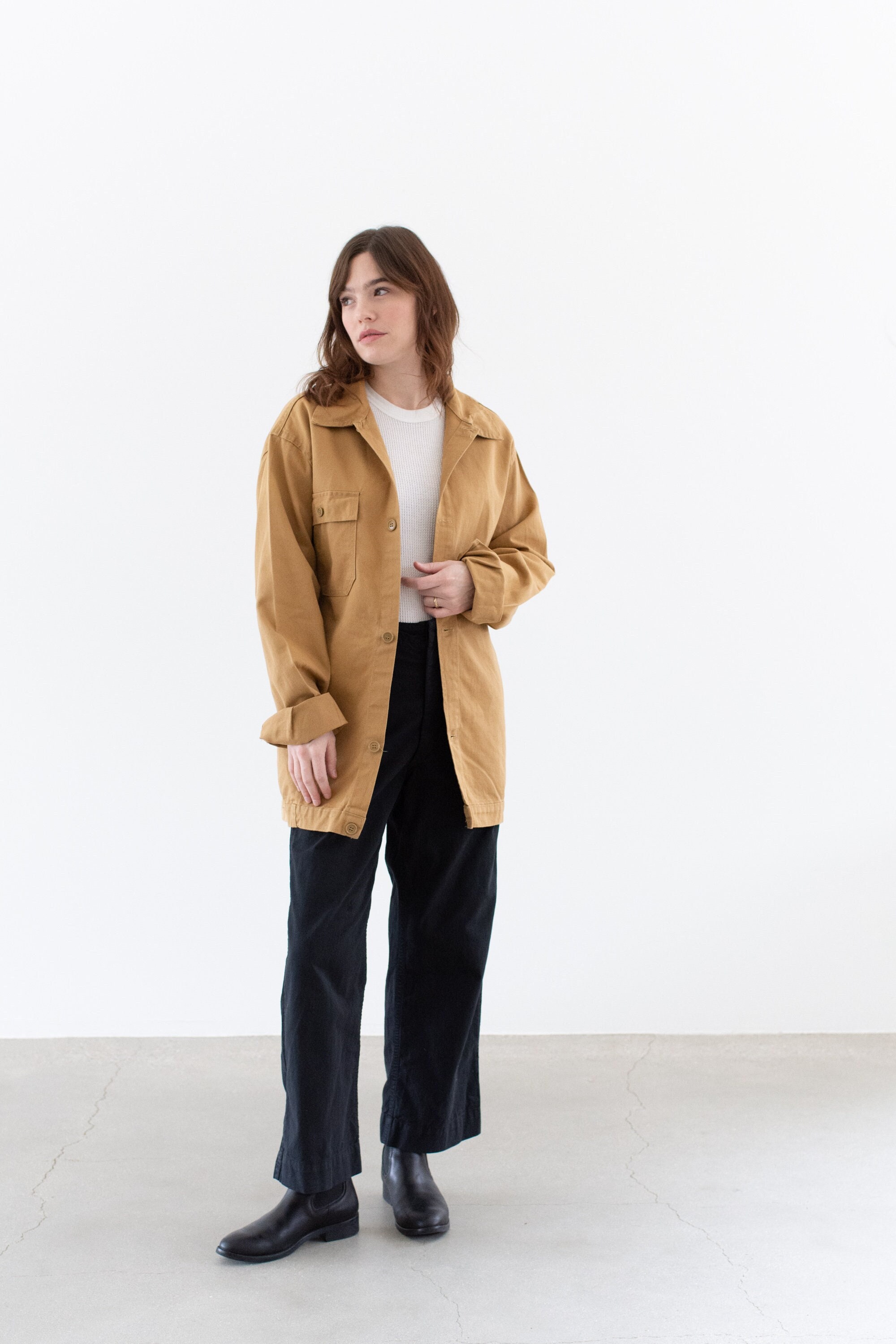 Vintage Tan Khaki Single Pocket Work Jacket | Unisex Utility Coat 