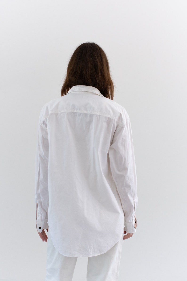 Vintage White Simple Oxford Snap Shirt 90s Cotton Work Blouse M image 7