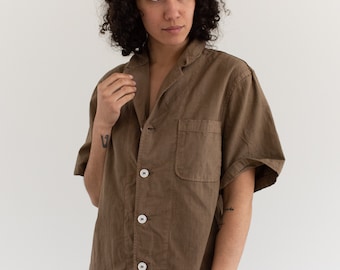 The Willet Shirt in Mushroom Brown | Vintage Unisex Overdye Short Sleeve Simple Cotton Work Shirt | S M