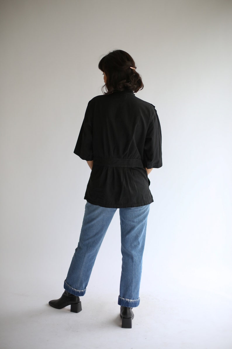 The Wardlea Smock in Black Vintage Overdye Side Button Painter Shirt Short Sleeve Studio Tunic Artist Smock S M image 3