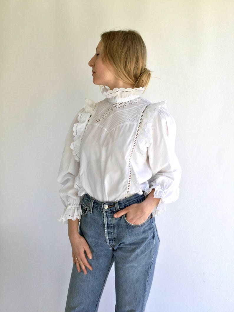 Vintage White Puff Sleeve Shirt Eyelet Floral Ruffle Folk | Etsy