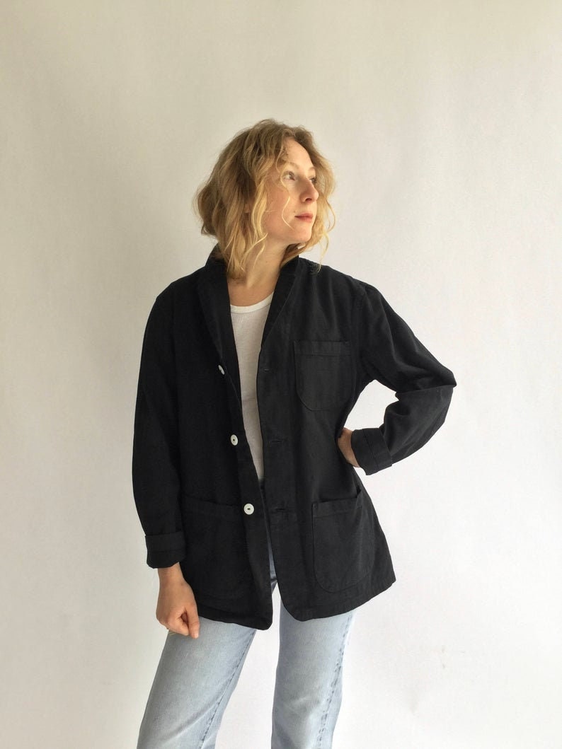 Vintage Black Chore Jacket Round Three Pocket Unisex Cotton French