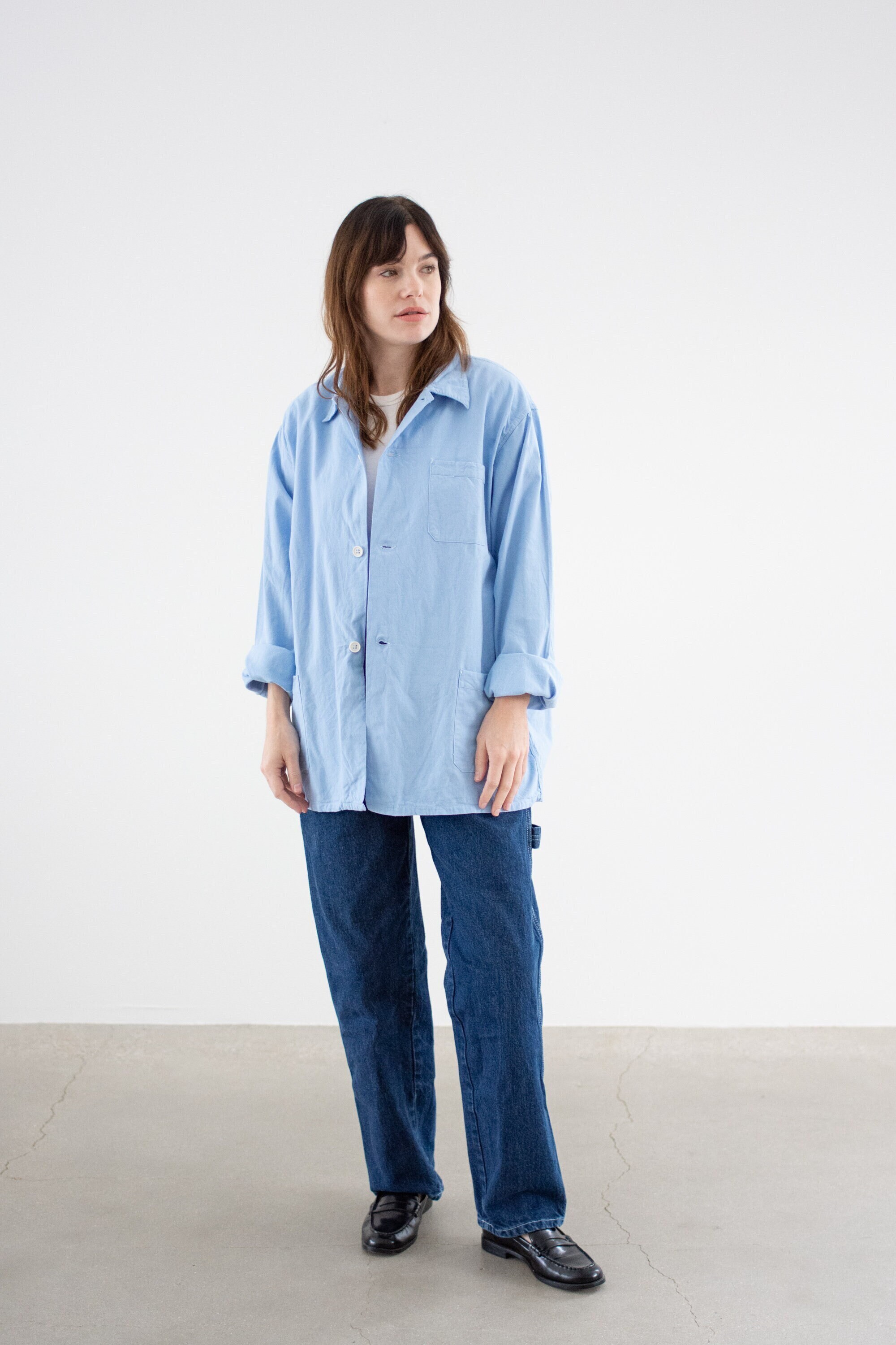 The Montmartre Jacket | Vintage Light Sky Blue Chore Jacket | Unisex French Lightweight Cotton Utility Workwear | L XL |