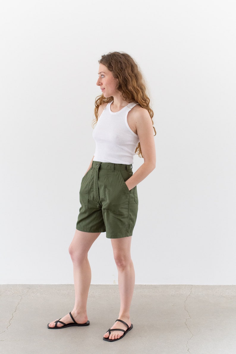 Vintage 25 26 27 28 29 Waist Poly Cotton Green Fatigue Shorts OG 507 Army Shorts Zipper Fly image 4