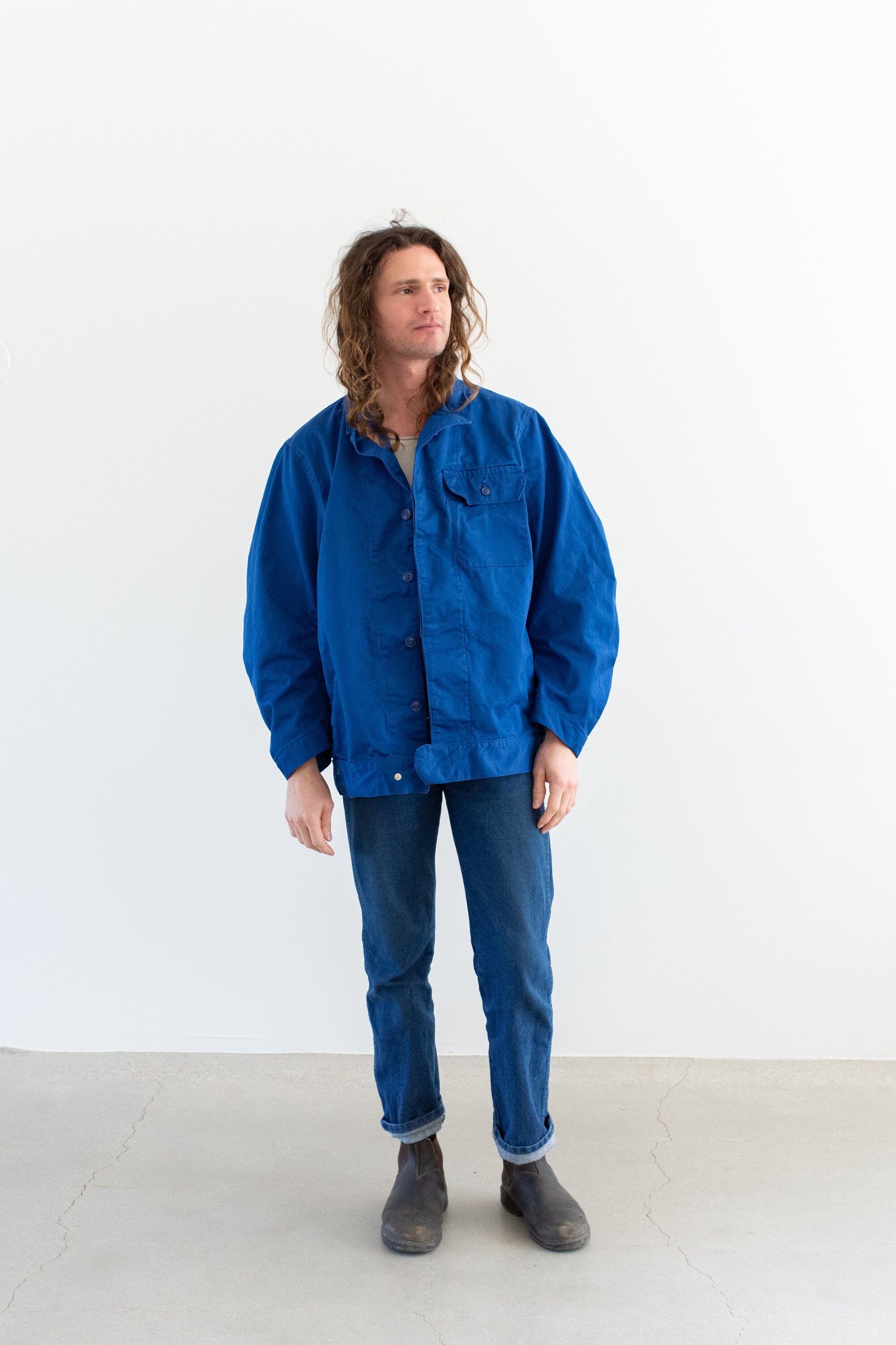 Vintage Matisse Blue Oversized Side Snap Coat | Unisex Utility Vintage Matisse Blue Oversized Side Snap Coat | Unisex Utility