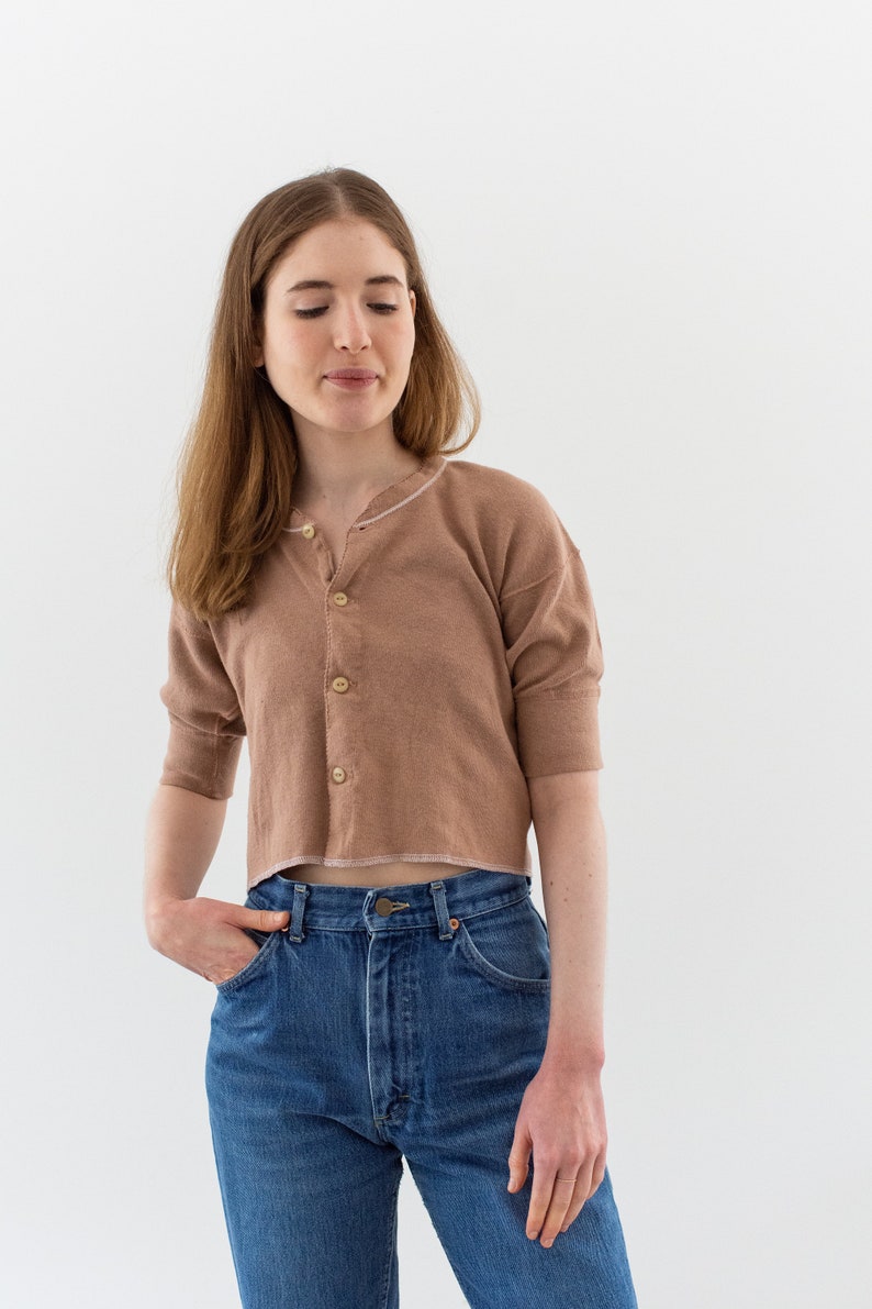 Vintage Ballet Pink Button Up Crop Thermal Shirt Rib Knit Picot Edging Cotton Undershirt XS S PT02 image 3