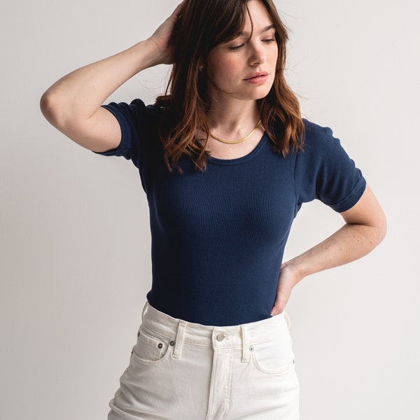 The Berlin Tee in Ocean Blue | Vintage Ribbed Tee T Shirt | Rib Knit Tee | 100% Cotton | XS S
