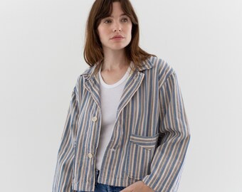 Vintage Pink Grey Blue Flannel Striped Crop Shirt Jacket | Unisex Stripe Cotton Pajama Chore | L | SCJ002