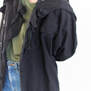 Vintage Black Hood Jacket Unisex Smock Drawstring Layer Overdye Cotton Snow Swing Coat L XL image 3