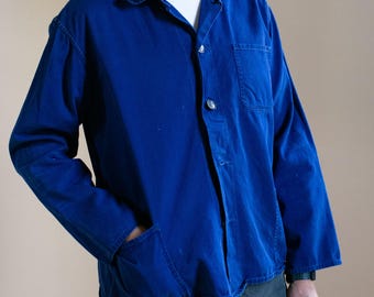 Vintage blauwe werkhemdjas | Unisex, rijkblauwe katoenen werkkleding | Friendship Made in China | M L | J157