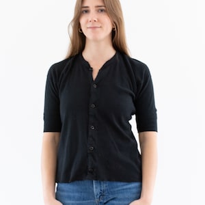 Vintage Black Button Up Thermal Shirt | Rib Knit Picot Edging Cotton military henley Baby Tee | Long Underwear Overdye | S | BT221