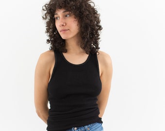 Vintage Black Rib Tank Top | Contrast Stitch Ribbed Undershirt | Singlet | XS S | T010