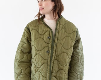Vintage Green Liner Jacket | Unisex Two Tone Wavy Quilted Nylon Coat | L | LI247