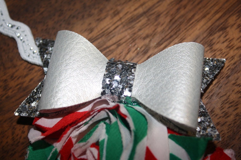 Christmas Green Teddy Bear Shaggy Flower Glitter Bow Christmas Boutique Headband 16 inches Normally Fits 6M-2T Red /& White