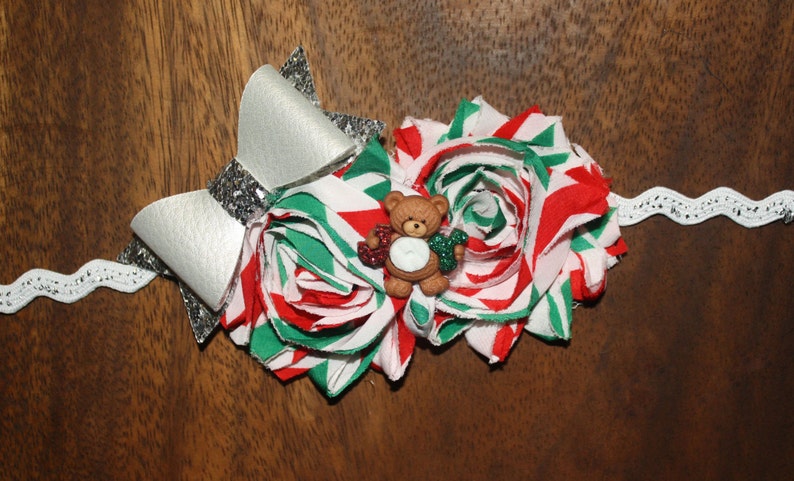 Christmas Green Teddy Bear Shaggy Flower Glitter Bow Christmas Boutique Headband 16 inches Normally Fits 6M-2T Red /& White