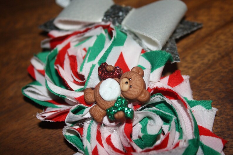 Christmas Green Teddy Bear Shaggy Flower Glitter Bow Christmas Boutique Headband 16 inches Normally Fits 6M-2T Red /& White