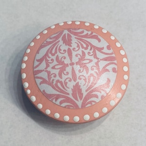 2 in Pink Damask knobs and pulls for drawers and cabinets.  Perfect for the bedroom, playroom, office or kitchen!!.