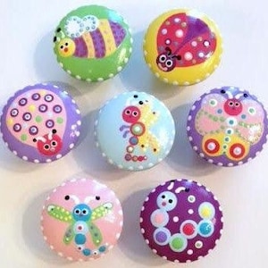 1.5 in Whimsical and colorful bug knobs and pulls for drawers and cabinets.  Perfect for the bedroom, playroom, office or kitchen!!