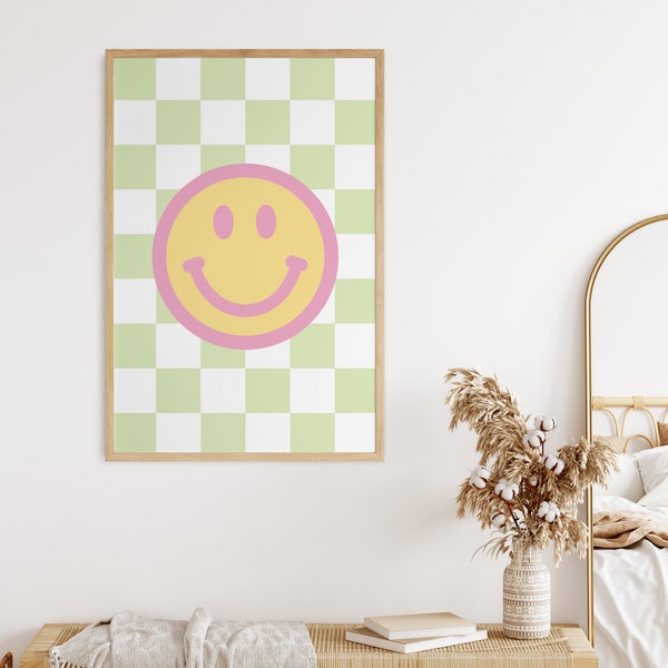 Smiley Face Print, Pastel Prints, Retro Poster, Checkered Decor, Happy Face Print, College Dorm Decor, Preppy Room Decor, Pink Wall Art