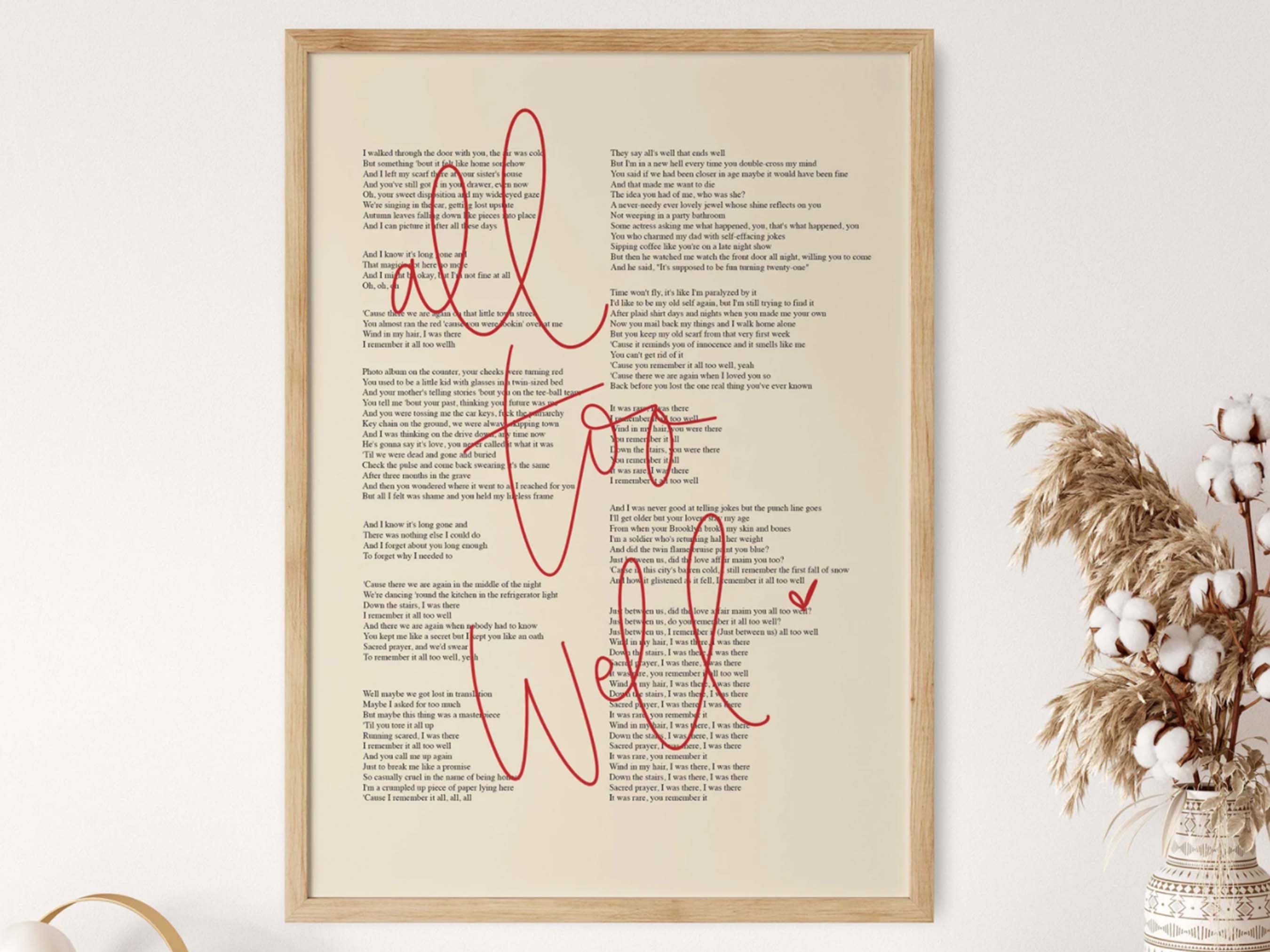 Taylor Swift Lyrics. Bedroom Wall Art. Song Lyric Print. Lover Lyrics.  Above Bed Decor. All's Well That Ends Well to End up With You -  Denmark
