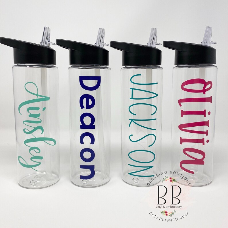 Personalized Water Bottle with Straw - 24 oz. - Custom Water Bottle with Straw - Flip Top Lid - Flip Up Straw-Clear Water Bottle -Bridesmaid 