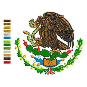 May include: An embroidered patch featuring the Mexican coat of arms. The design includes a golden eagle perched on a cactus with a snake in its talons, surrounded by green leaves and a blue ribbon.