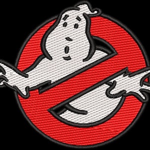 Peut inclure: Un cercle rouge avec une ligne diagonale qui le traverse, avec un fantôme blanc au centre. Le fantôme a un contour noir et est dans une pose classique de 'Ghostbusters'.