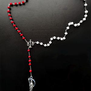Santa Muerte Rosary / RED & WHITE wood beads/ Rose scented /Handmade! / FREE SHIPPiNG!