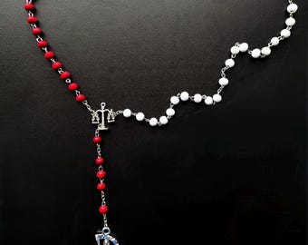 Santa Muerte Rosary / RED & WHITE wood beads/ Rose scented /Handmade! / FREE SHIPPiNG!