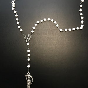 Santa Muerte Rosary / WHITE wood beads/ silver tone/ Rose scented /Handmade! / FREE SHIPPING!