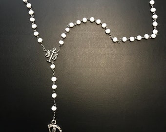 Santa Muerte Rosary / WHITE wood beads/ silver tone/ Rose scented /Handmade! / FREE SHIPPING!