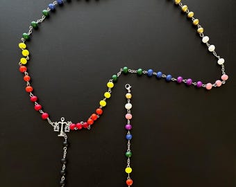 RAINBOW Santa Muerte ROSARY and BRACELET / 2 piece bundle Set/ Multi Color /Handmade! / Free shipping!