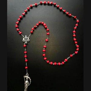 Santa Muerte Rosary / Red wood beads/ Rose scented / Handmade! / FREE SHIPPING!