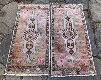 Pair Vintage Turkish Oushak Rugs: Small Wool Door Mats