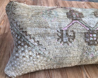 Vintage turkiskt örngott till ländryggen: Handvävd ull, bohemisk geometrisk (14x30)