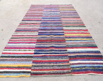Vintage Turkish Kilim Rug: Handwoven Wool on Cotton, Tribal Design (6'7x11'10)