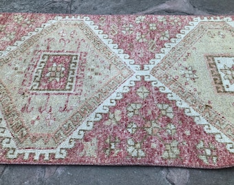 Oushak Runner Rug, Turkish Runner Rug,  Kitchen Runner Rug, Hallway Runner Rug, Muted pink Colored Turkish Vintage Runner Rugs,