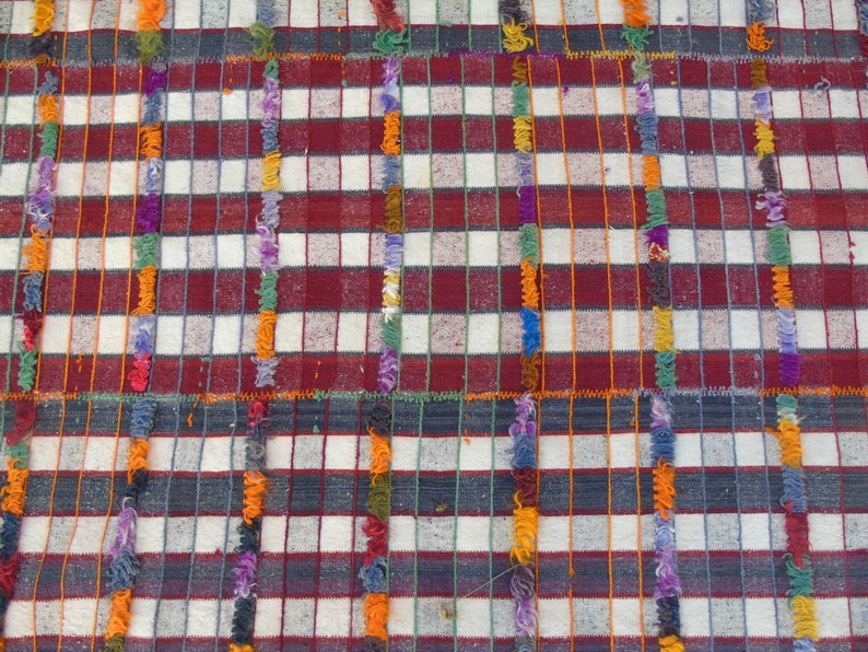 May include: A close-up of a woven fabric with a checkered pattern in red, white, and gray. The fabric has a fringe border with colorful threads.