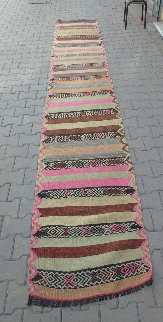 Handwoven Kilim Rug Runner: Vintage Turkish Hallway Rug (2'4 x 13'8)