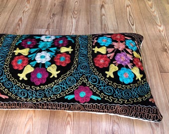 Velvet Embroidered Lumbar Pillow Cover: Raw Silk Tribal Floral Design