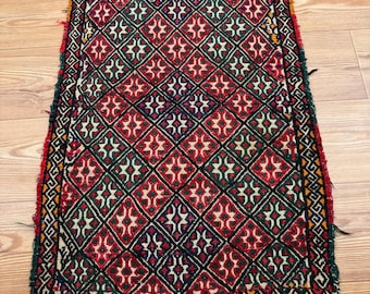 Vintage Turkish Kilim Rug, Small Accent, Bohemian Entryway Rug, Red & Green Geometric