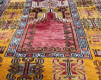 Vintage Turkish Prayer Rug, Small Anatolian Kilim, Yellow & Red Accent Rug
