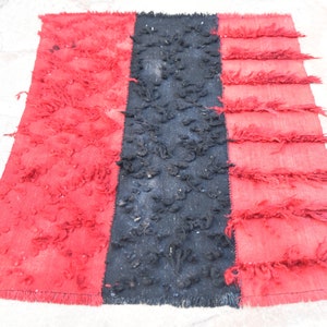 Tribal Rug, Tulu Rug, Vintage Turkish Tulu Rug, Filikli Rug, Red Black Hairy Rug, Anatolian Tulu Rug, Handwoven Oriental Hairy Rug 3'6x4'11'