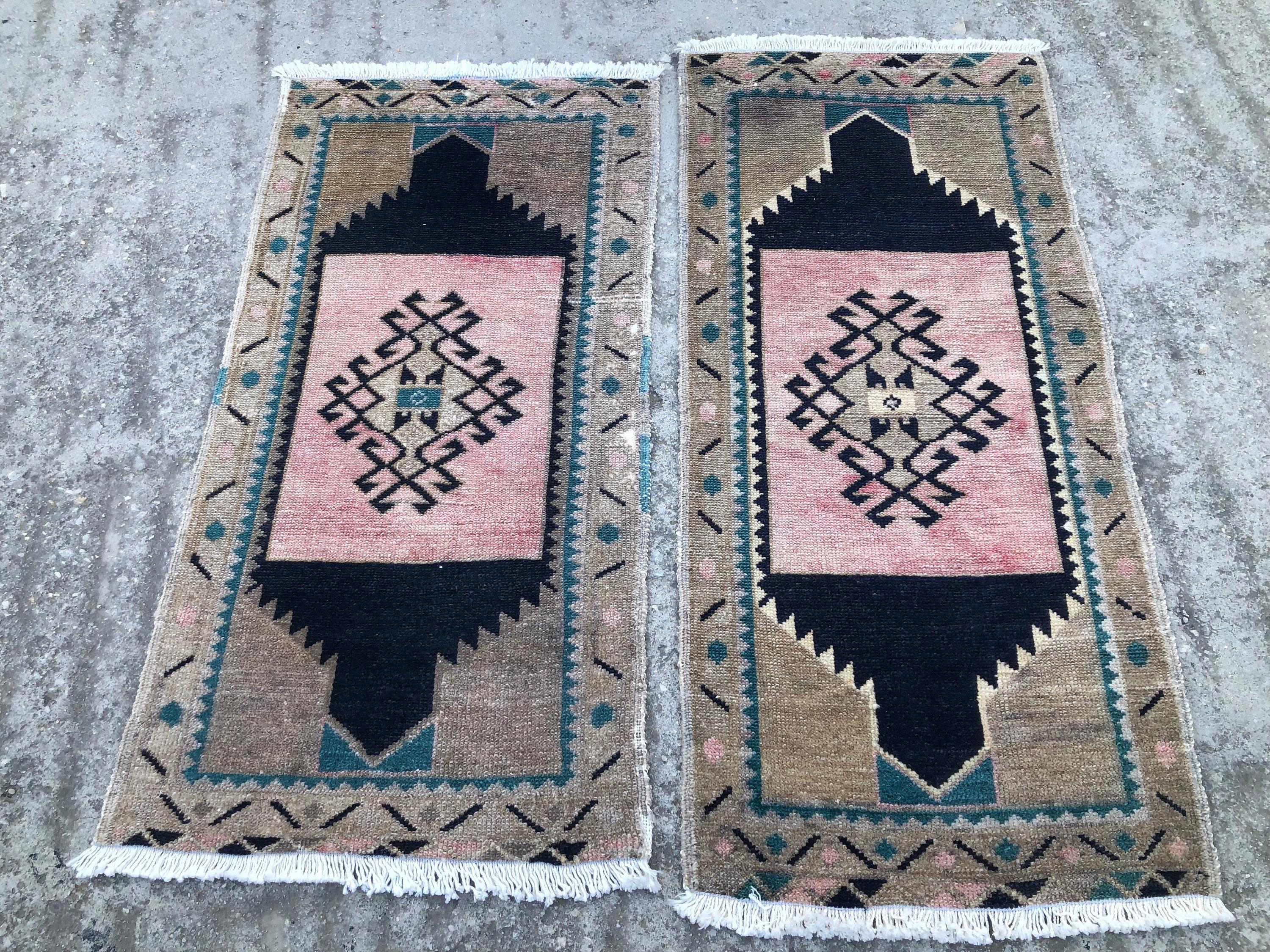 Vintage Turkish Wool Rug Pair: Small Handmade Door Mats - Etsy