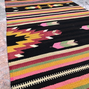 Entrance Runner, Kilim Rug Runner, Turkish Kilim Rug Runner, Hallway Runner, Pink Black Kilim Runner Rug, stair case runner rug, kilims