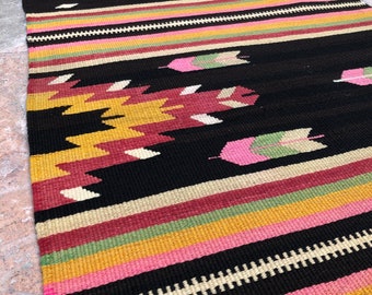 Vintage Turkish Kilim Rug Runner: Pink & Black Wool Hallway Rug