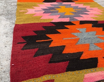 Vintage Turkish Kilim Runner Rug, Colorful Wool, Bohemian Area